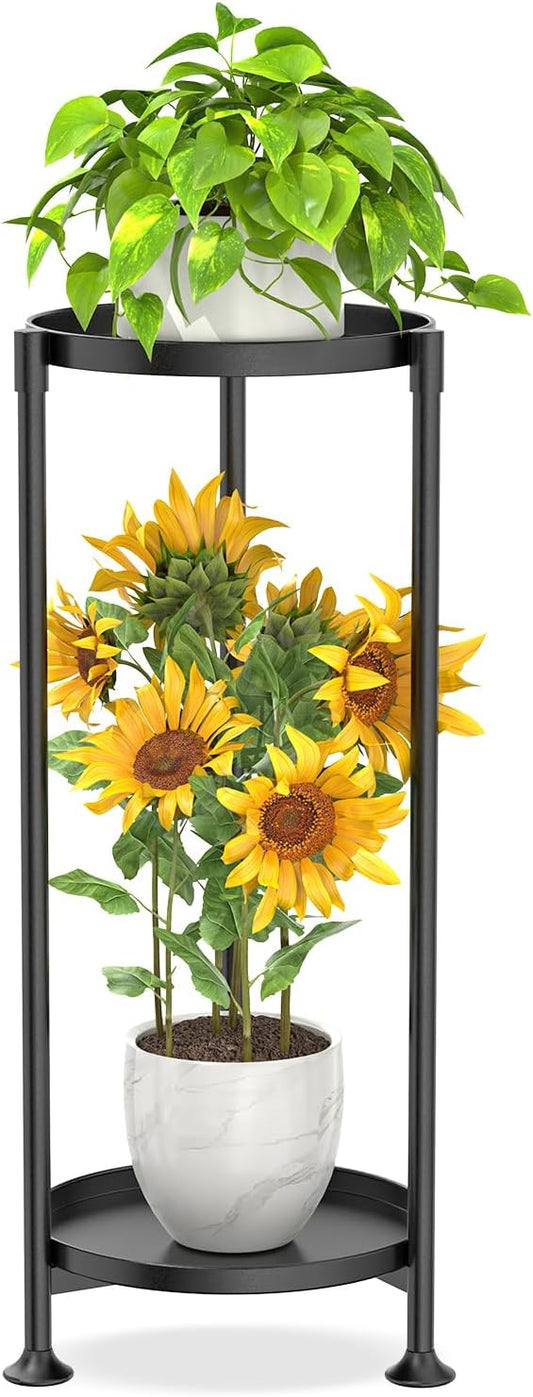 KMOTASUO 2 Tier Plant Stand Indoor for Large Tall Heavy Duty Planter, Multiple Sturdy Metal Flower Corner Rack for Narrow House Floor, Iron Vertical Level Round Orchi Holder Organizer, Black