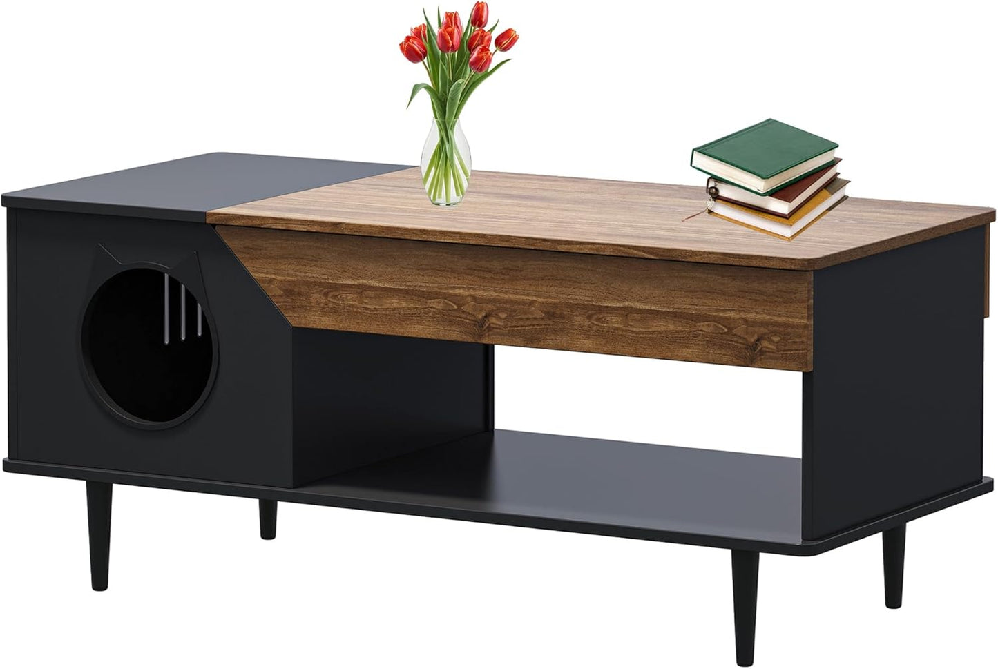 GAOMON Black Coffee Table 45'' Cat Living Room Tables with Storage Drawer, Wooden Rustic Coffee Table with Cat House, Multifunctional Hidden Kitty Litter Box Furniture
