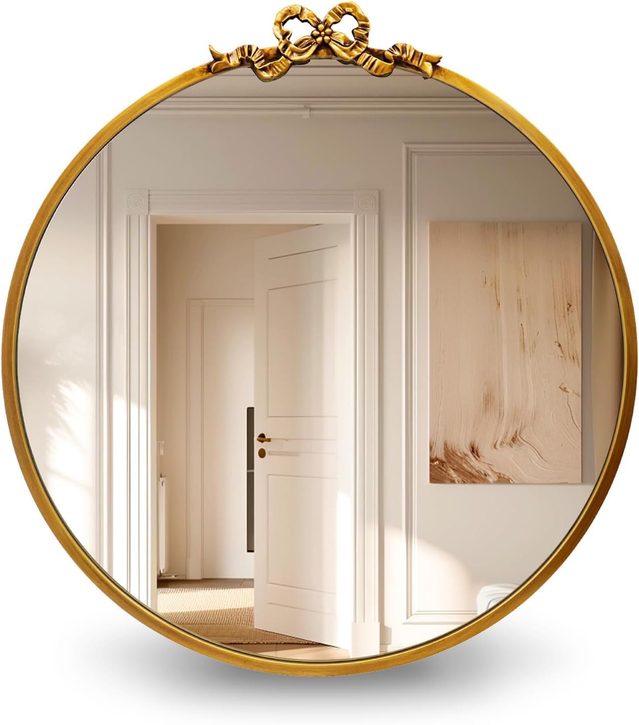 Vintage Gold Round Mirror 23.6inch Decorative Bow Mirrors for Wall Antique Bathroom Vanity Ornate Wall Mirror, Metal Baroque Bow Decor for Living Room, Entryway, Bedroom, Hallway