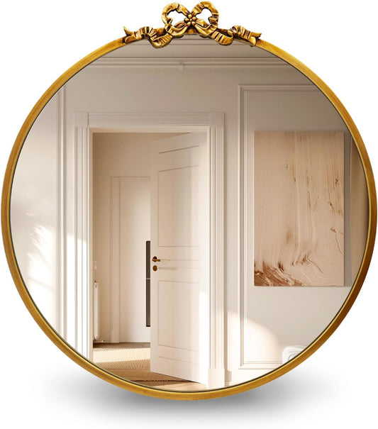 Vintage Gold Round Mirror 23.6inch Decorative Bow Mirrors for Wall Antique Bathroom Vanity Ornate Wall Mirror, Metal Baroque Bow Decor for Living Room, Entryway, Bedroom, Hallway