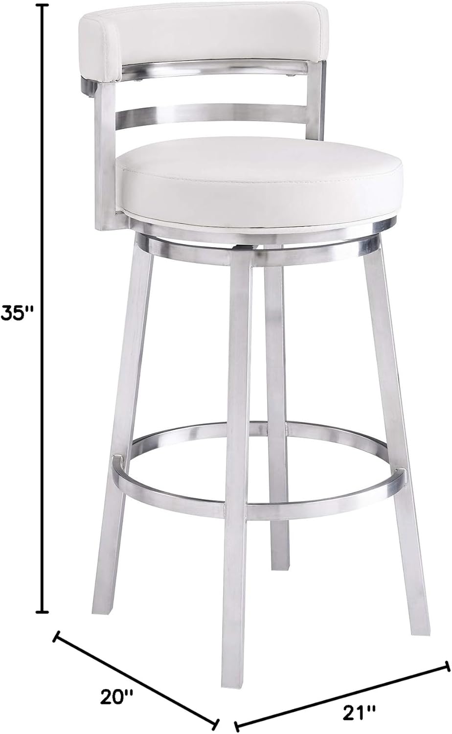 Armen Living Madrid 26" Counter Height Swivel Modern White Faux Leather and Brushed Stainless Steel Bar Stool