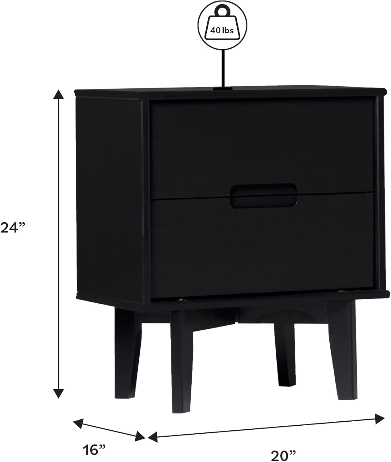 Brynn Modern Solid Wood 2-Drawer Nightstand 24 Inch Black