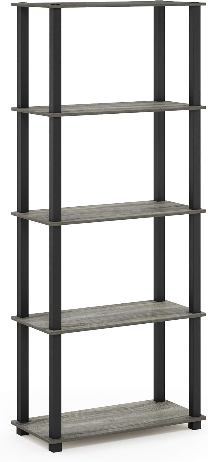 Furinno Turn-N-Tube 5-Tier Multipurpose Shelf / Display Rack / Storage Shelf / Bookshelf, Square Tubes, French Oak Grey/Black
