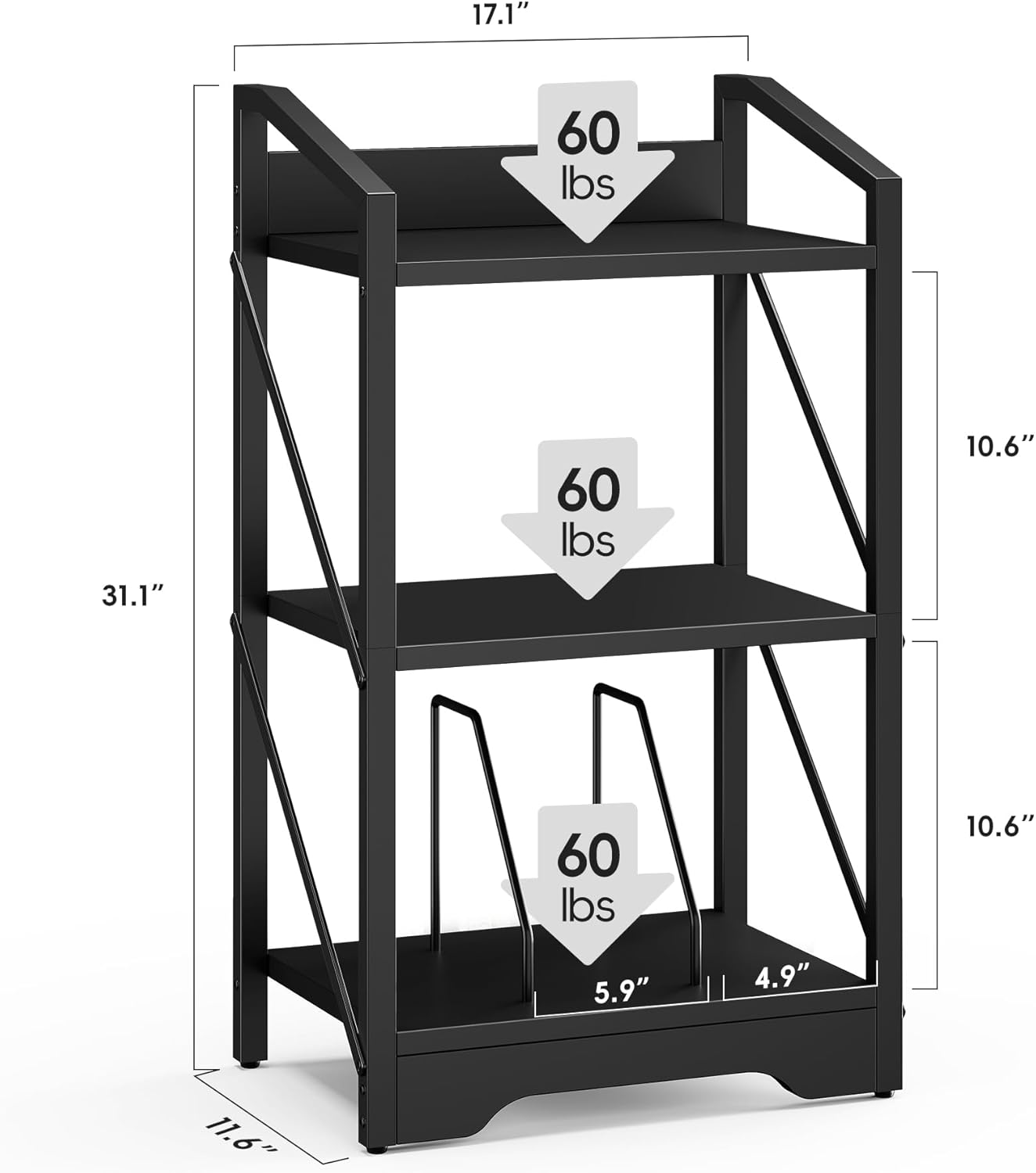 Vagusicc Bookshelf, 3 Tier Industrial Bookcase, Metal Small Bookcase, Rustic Open Book Shelf Storage Organizer for Living Room Bedroom Home Office, Small Bookshelf (Black)