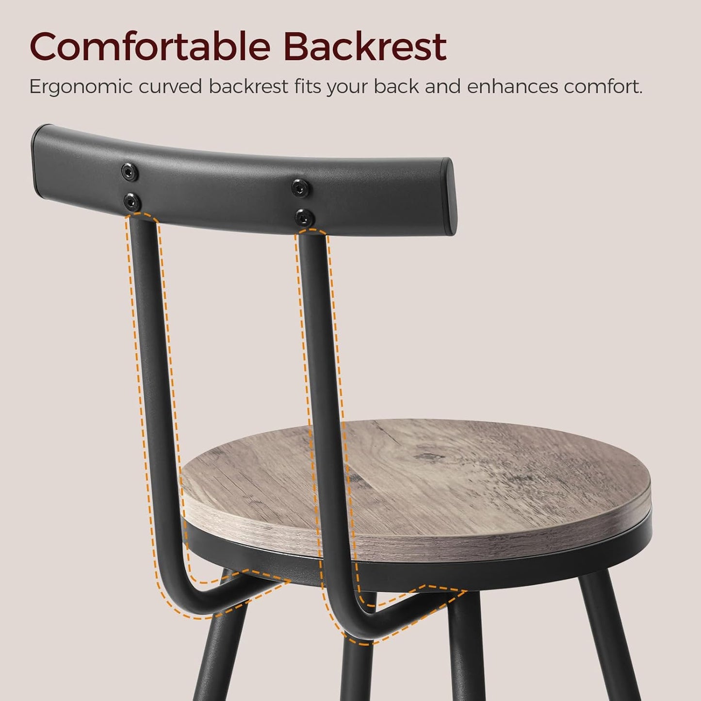 Bar Stools, Set of 2 Bar Chairs with Backrest and Footrest, 26" Tall Counter Stools, Metal Frame, Adjustable Feet, Easy Assembly, for Kitchen, Living Room, Pub, Greige BAHG6001