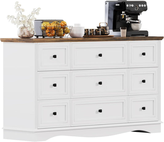 57" Wooden Dresser with 9 Drawers, Modern Farmhouse Furniture Organizer, Chest of Drawers with Rustic Top, Bedroom Storage Cabinet for Clothes, Accessories, Living Room, or Entryway, White