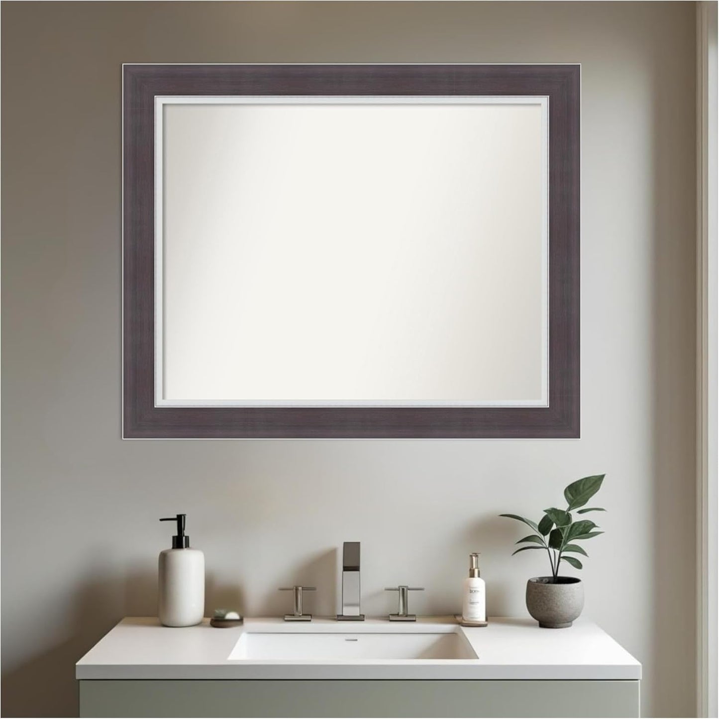 Amanti Art Brown Bathroom Mirror for Over Sink, 28x34 Ellie Brown Silver Rectangle Vanity Mirror, Large Modern Frame, Hangs Horizonally and Vertically, Bathroom Wall Decor, Non-Beveled Edge