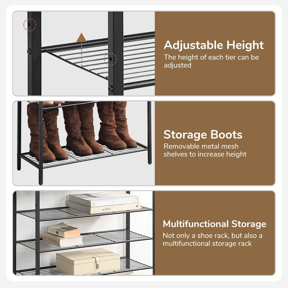 5-Tier Shoe Rack Organizer, Metal Mesh Shoe Storage Shelf, for Entryway, Hallway, Closet, Dorm Room, Industrial, Rustic Brown