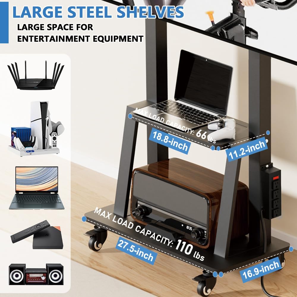 Rolling TV Stand with Power Outlet, Mobile TV Stand on Wheels for 32-75 inch TV, Height Adjustable Portable Black TV Cart, Holds up to 130LBS, Vesa 600×400mm