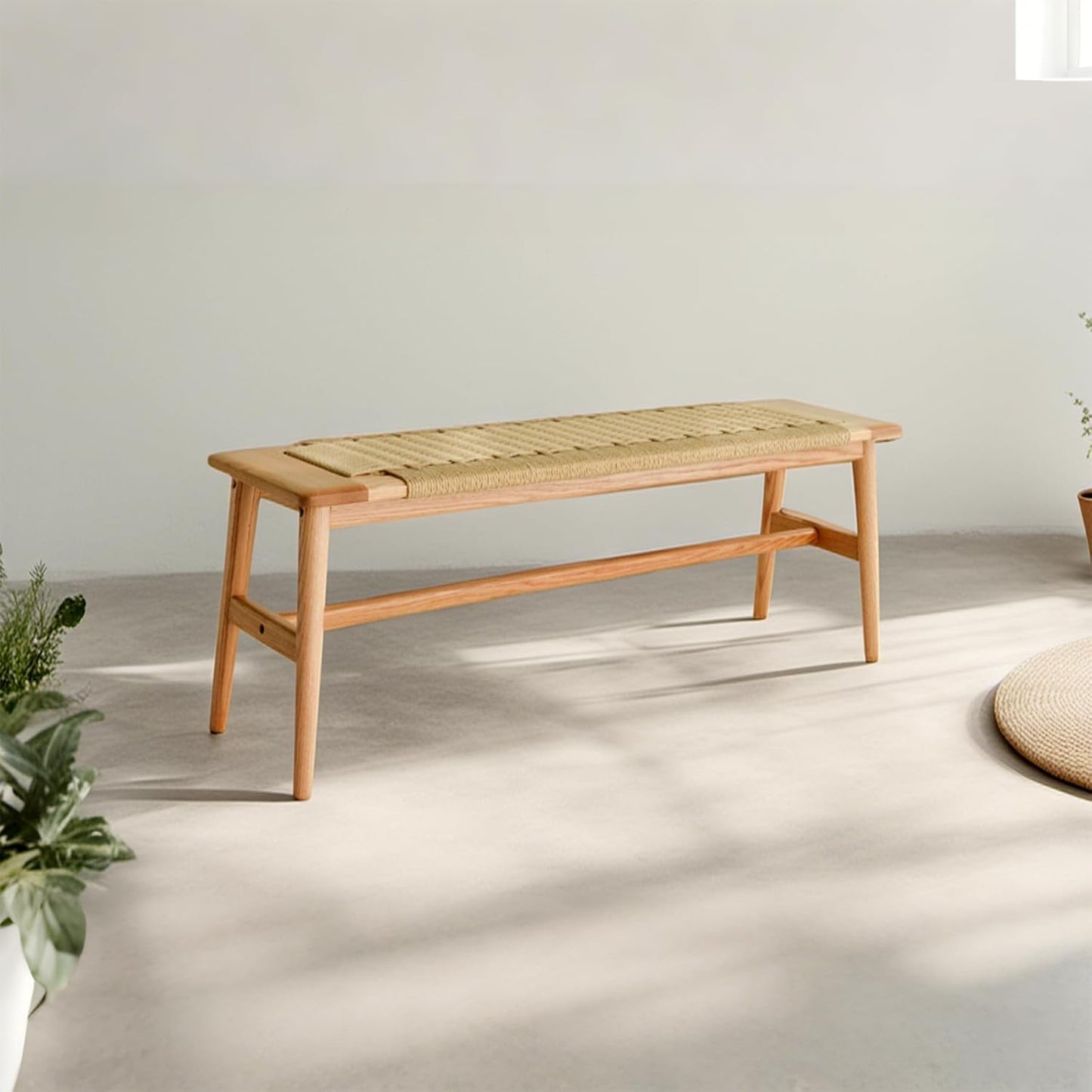 OOKSEN Entryway Bench, Solid Wood Dining Bench, 31.5" Wooden End of Bed Benches, Midcentury Modern Bedroom Benches Stool with Hand-Woven Rope for Kitchen Living Room Hallway