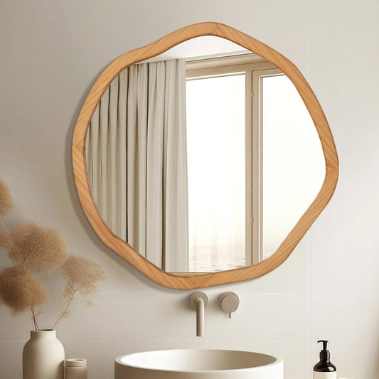 ULIKE Round Wood Mirror 24 Inch Circle Wall Mirror, Asymmetrical Bathroom Vanity Mirror with Wood Frame, Decorative Wall Mounted Mirror for Bedroom, Living Room, Entryway, Natural