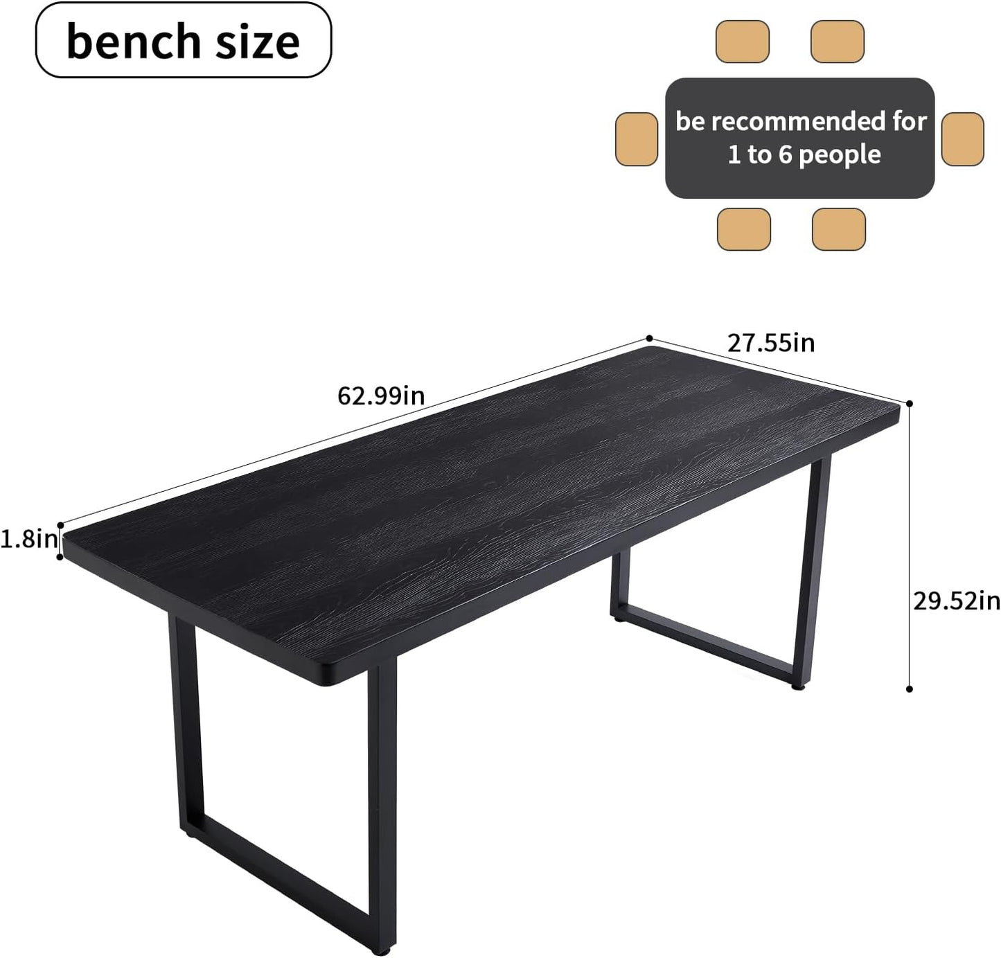 Modern Solid Wood Dining Table with Metal Base Stylish Durable Dining Room Table in Black Multiple Sizes Home Use Office Desk(62.99in)