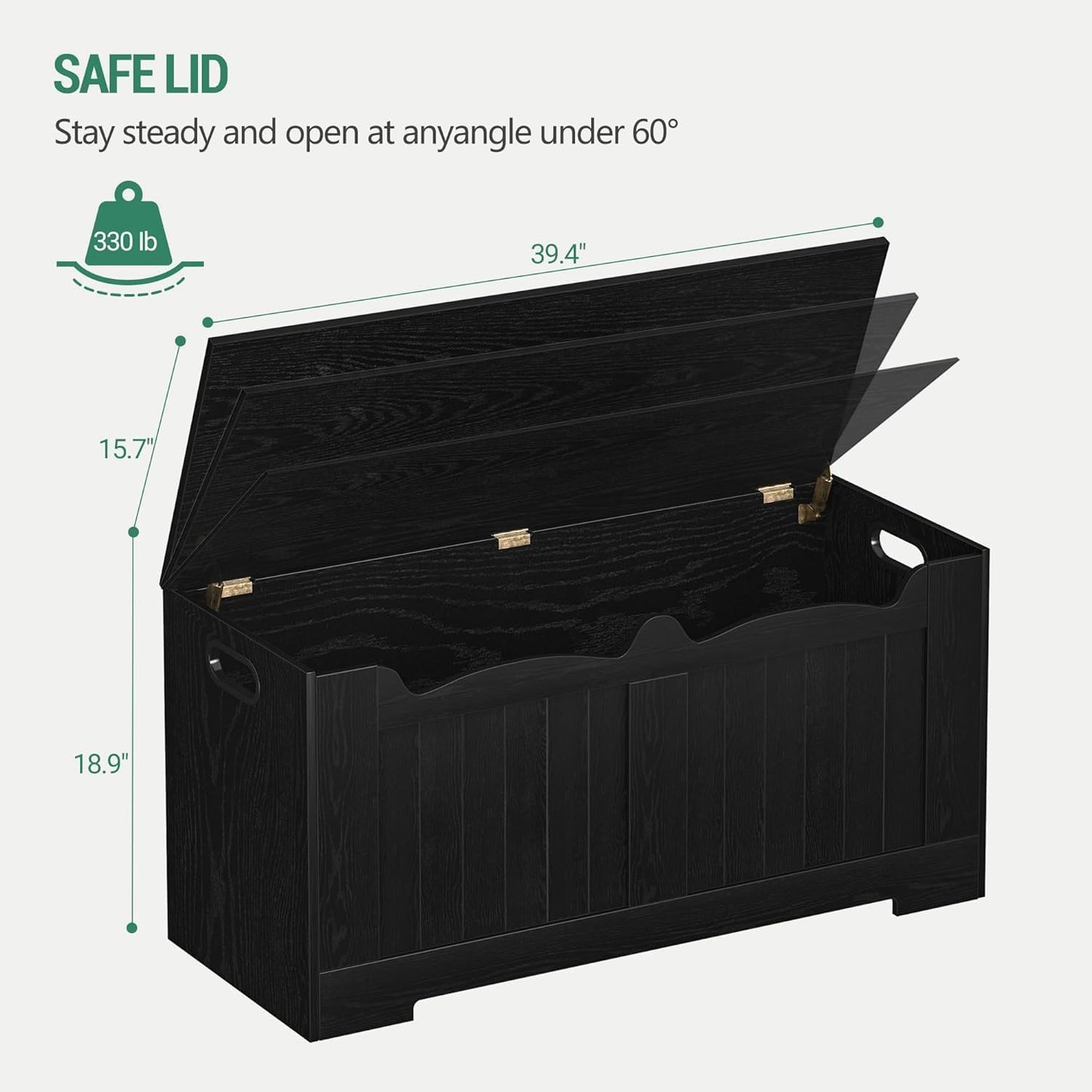 43.3" Storage Chest, Extra Large Storage Bench Trunk with 2 Safety Hinges, Wooden Box, Lift-Top Chest Organizer, Shoe Bench for Entryway, Bedroom, Living Room, Black SB25504X