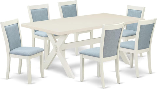 East West Furniture X027MZ015-7 7 Piece Dining Set Consist of a Rectangle Dining Room Table with X-Legs and 6 Baby Blue Linen Fabric Upholstered Parson Chairs, 40x72 Inch, Multi-Color