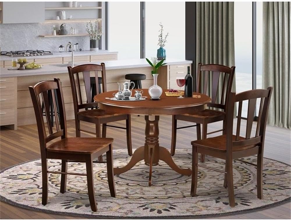 East West Furniture HLDL5-MAH-W 5 Piece Kitchen Table Set for 4 Includes a Round Dining Table with Pedestal and 4 Dining Room Chairs, 42x42 Inch, Mahogany