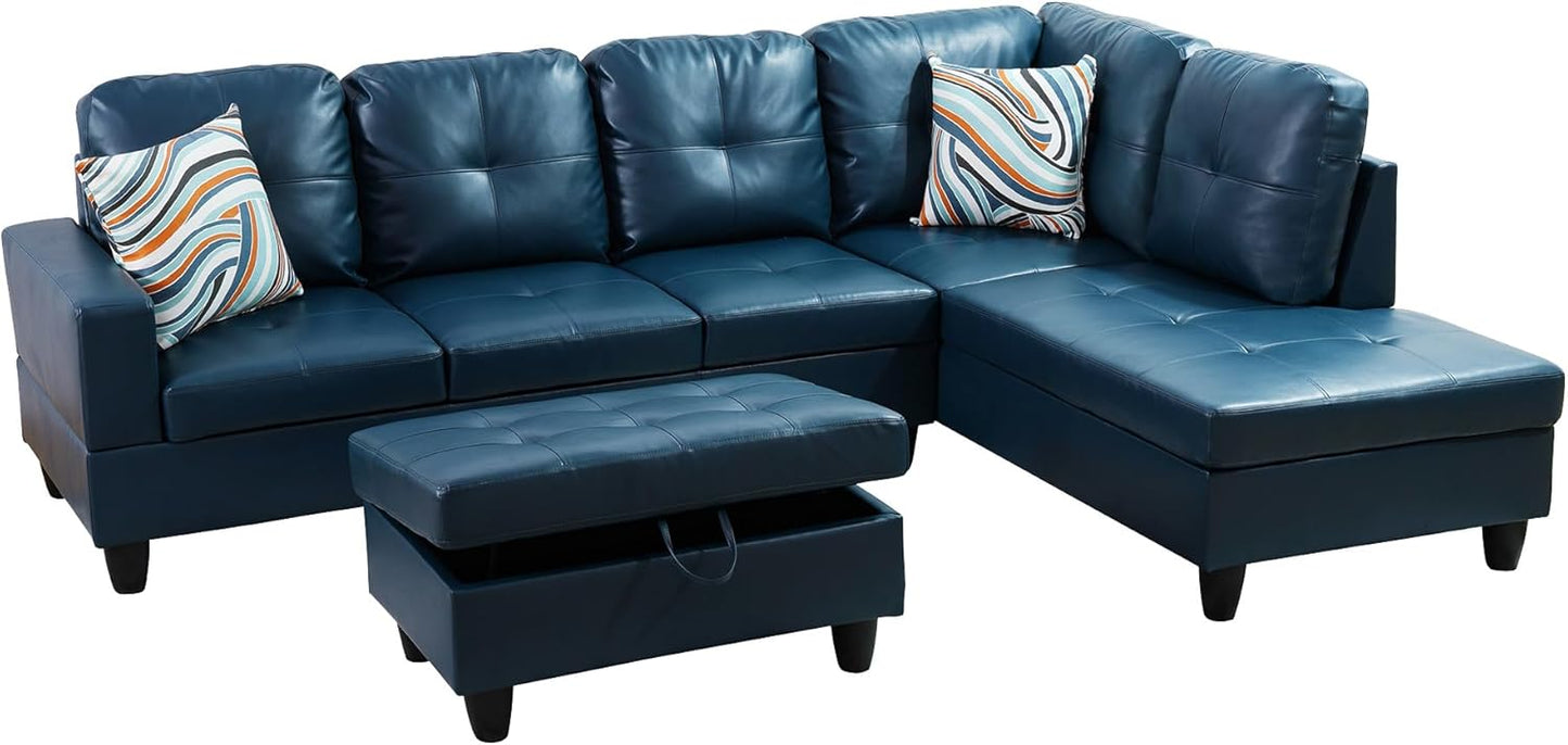 Couches for Living Room PU Leather L Shaped Couch Comfy 3 Pieces Sectional Sofa with Chaise, Ottoman with Storage for Office and Small Apartment, Peacock Blue