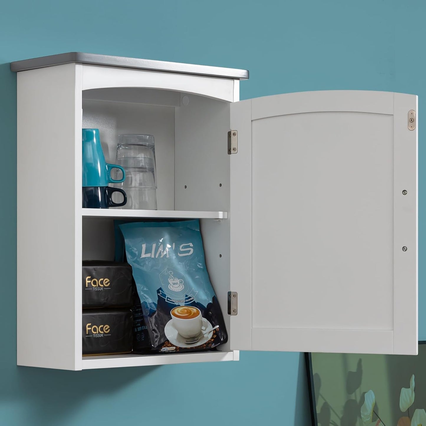 Bathroom Wall Cabinet 15 x 20 Inch Small Wall Cabinets Single Door Over Toilet Medicine Cabinet for Small Bathrooms - Matte White Finish with Gray Top, Soft Close Hinges