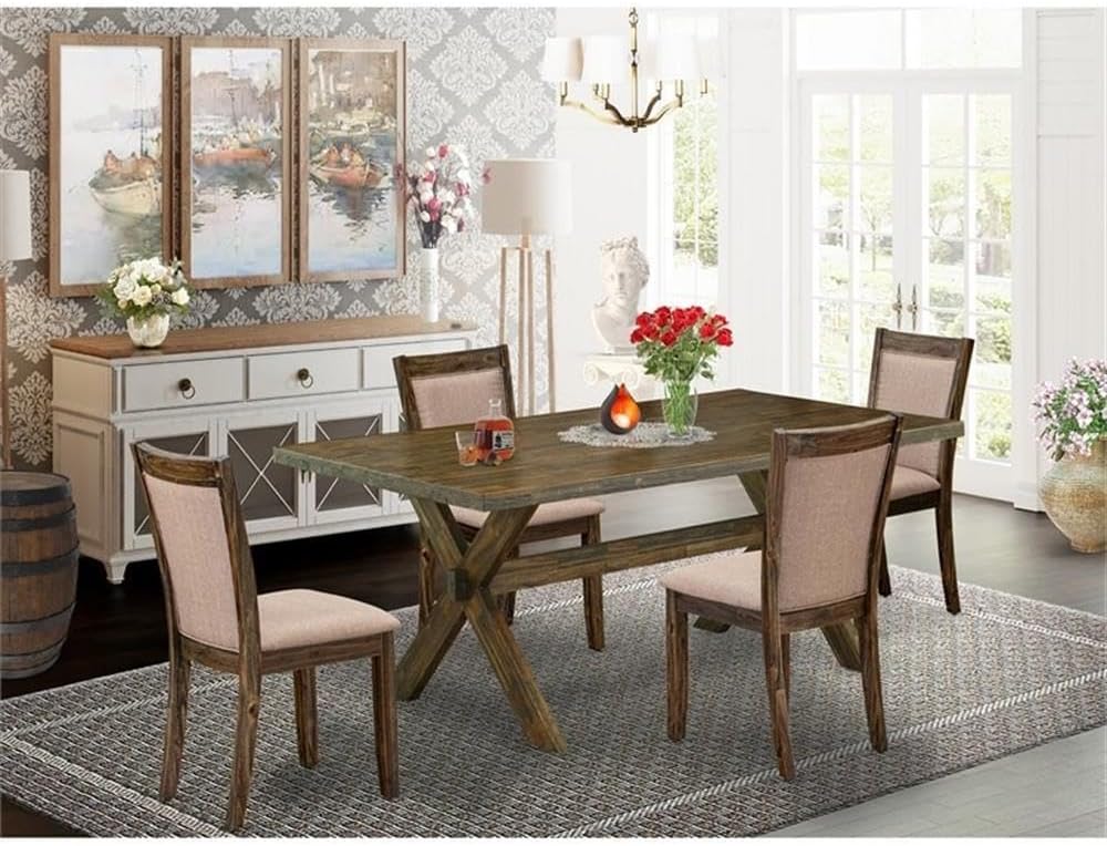 East West Furniture X777MZ716-5 5 Piece Kitchen Table Set for 4 Includes a Rectangle Dining Room Table with X-Legs and 4 Dark Khaki Linen Fabric Upholstered Chairs, 40x72 Inch, Multi-Color