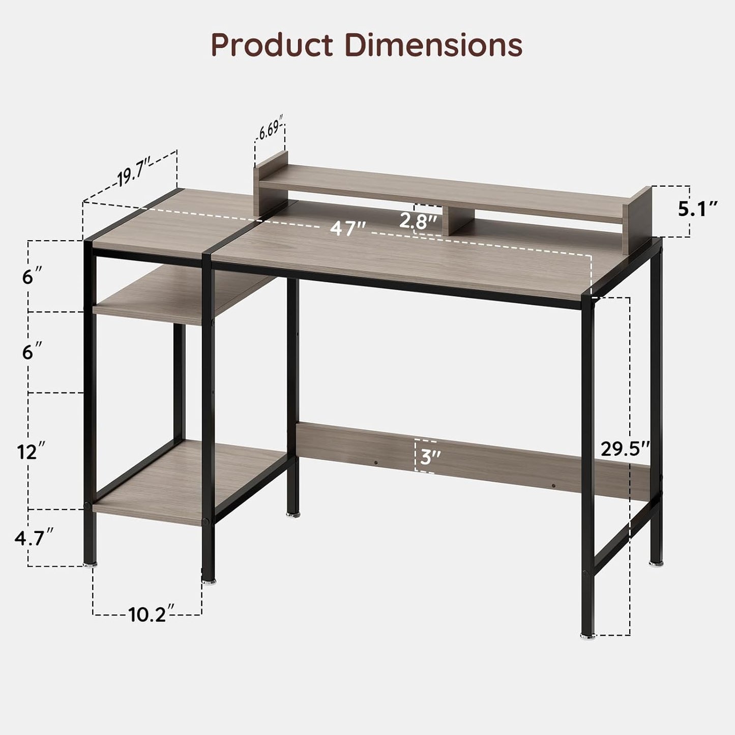 Computer Desk Gaming Desk with Monitor Stand, Home Office Desk Suitable for 2 Monitors, Writing Desk with Adjustable Storage Space,Sturdy and Durable Modern Small Desk (Grey, 47 inchs)