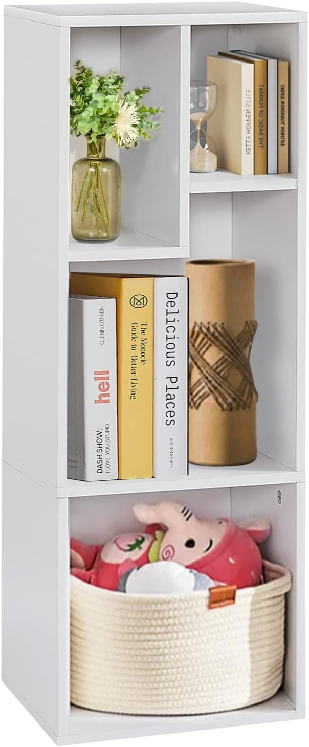 VECELO Small White Bookshelf, 4 Cube Slim Bookcase, Fits Tallest Hardcovers, Horizontal Available, Modern Floor Standing Unit, Each Shelf Hold Up to 66 LBS, Pearl White