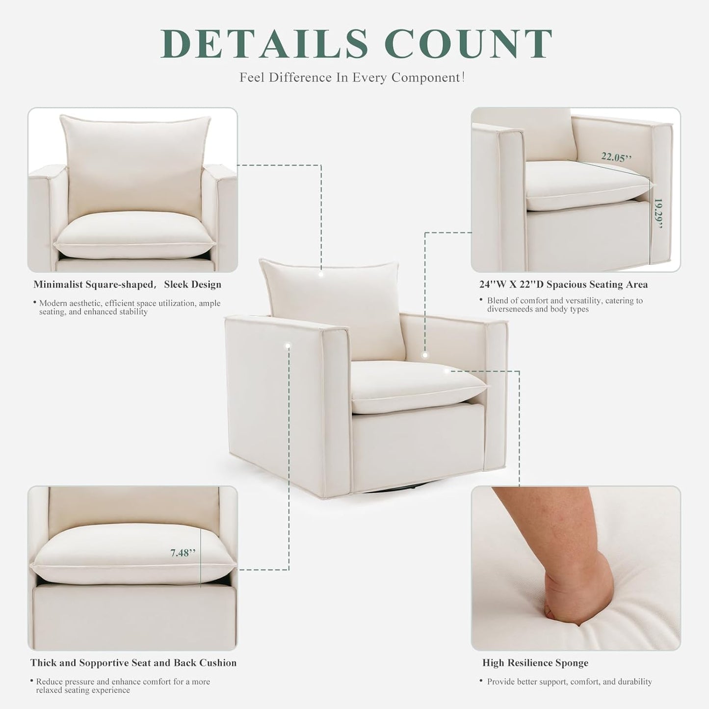 Swivel Accent Chair Set of 2,34'' Wide Upholstered Arm Chair with Plump Back Pillow, Modern Sofa Living Room Chair for Bedroom, Corner, Reading Nook-Classic Beige