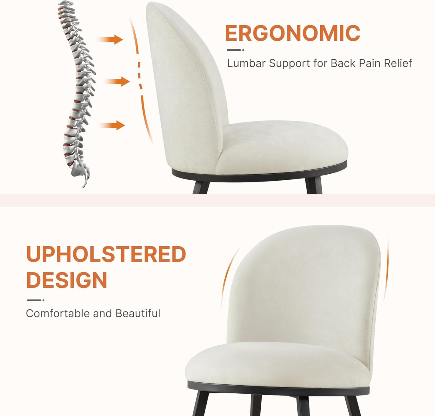 Dining Chairs Set of 6, Fabric Upholstered Dining Room Chairs with Ergonomic Backrest & Metal Legs, Modern Kitchen Side Chairs for Home, Restaurant, and Café, Ivory, 2 Boxs