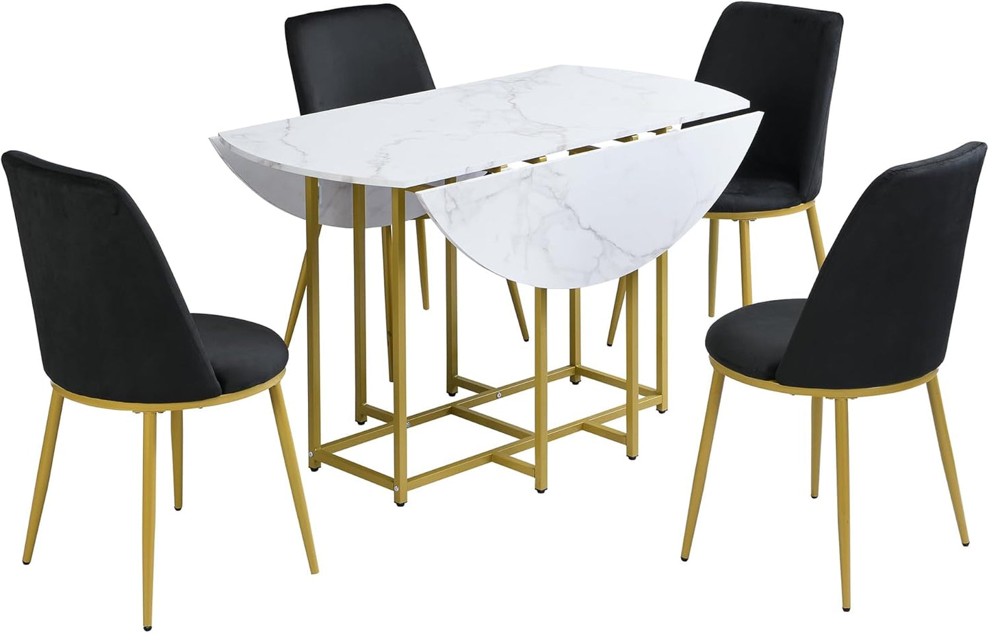 Merax 47.2” Round Dining Table Set for 4, Foldable Kitchen Dining Table with 11.8” Drop Leaves, Faux Marble Top with Golden Frame, 4 Upholstered Chairs (White+Black)