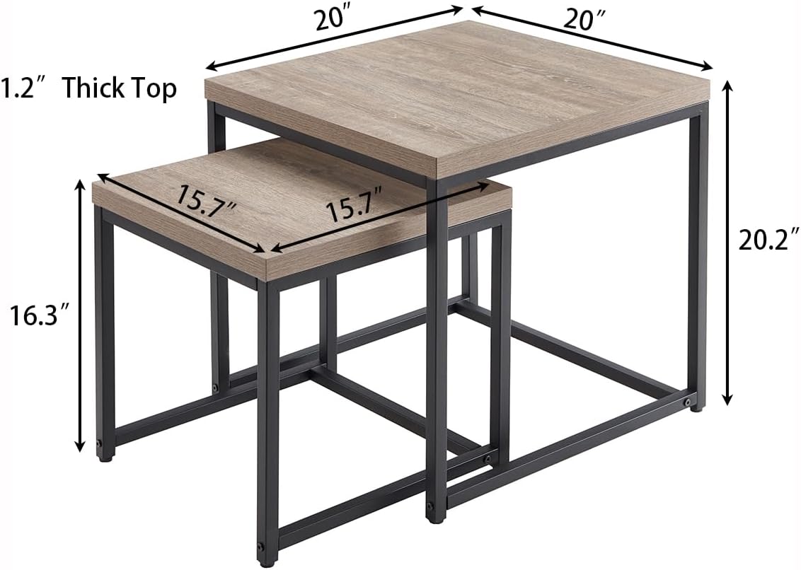 CENSI 20"x20" French Oak Nesting End Side Table, Accent Coffee Table, Square Shape, Grey Wood Finish, Blakc Metal Frame, Space-Saving, Modern Industrial Style