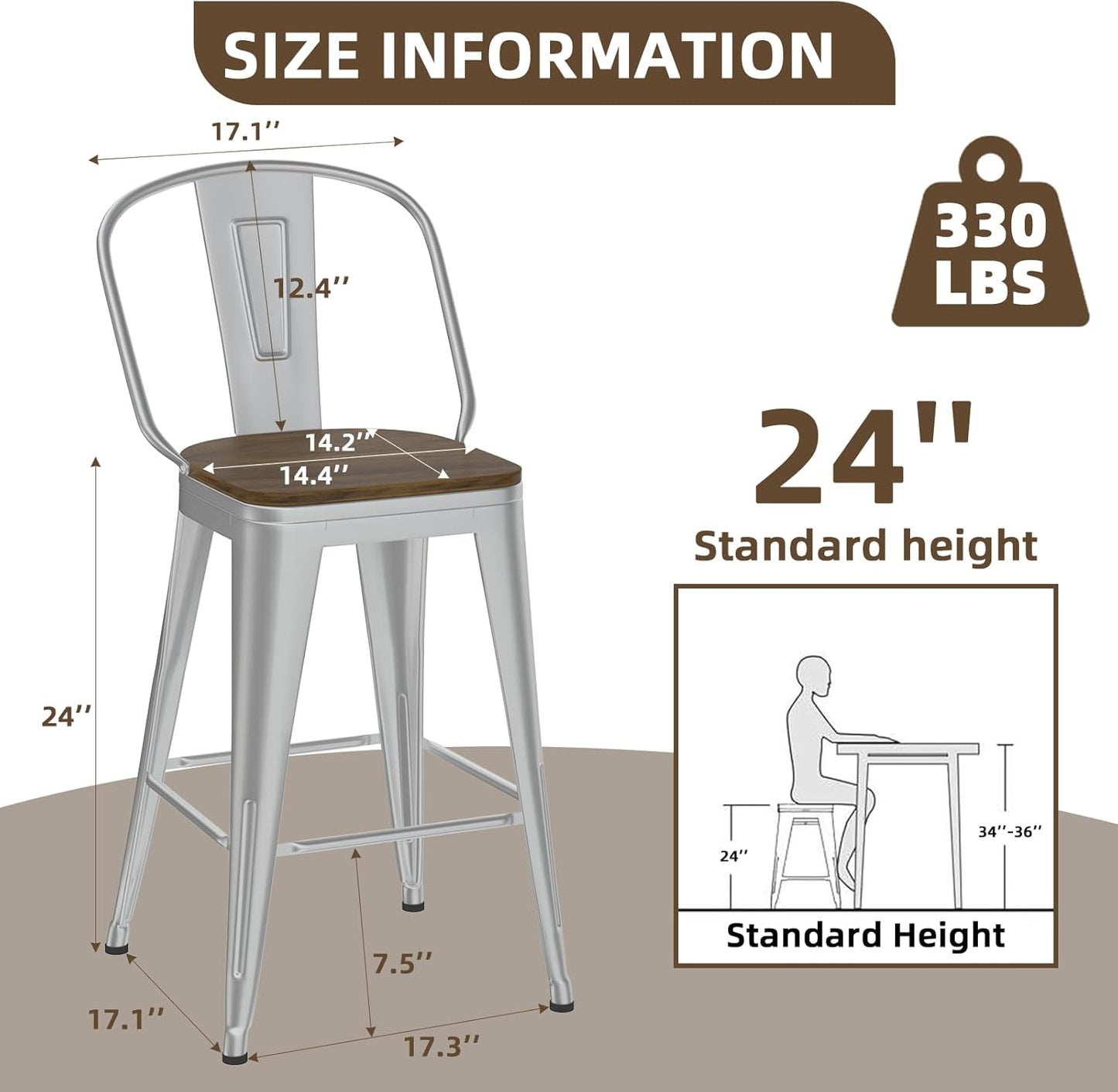 24” Swivel Bar Stools Set of 4, Counter Height Bar Stools Wooden Seat, Metal Industrial Bar Chairs with High Back for Kitchen Island (Silver)