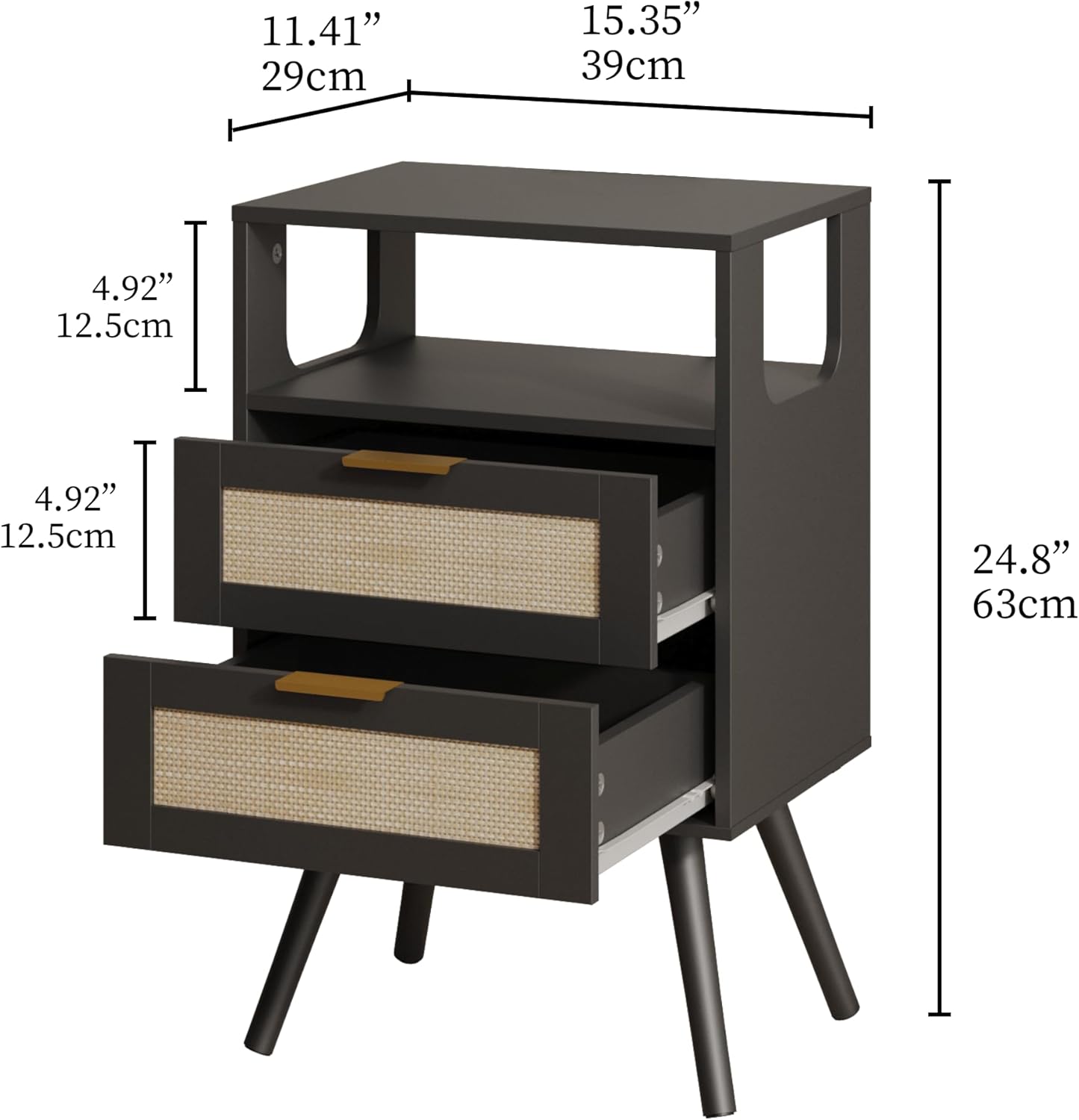Rattan Nightstand,Farmhouse Bedside Table with 2 Storage Drawer and Open Wood Shelf, for Bedroom and Small Spaces,Night Stand with Solid Wood Legs (Black)