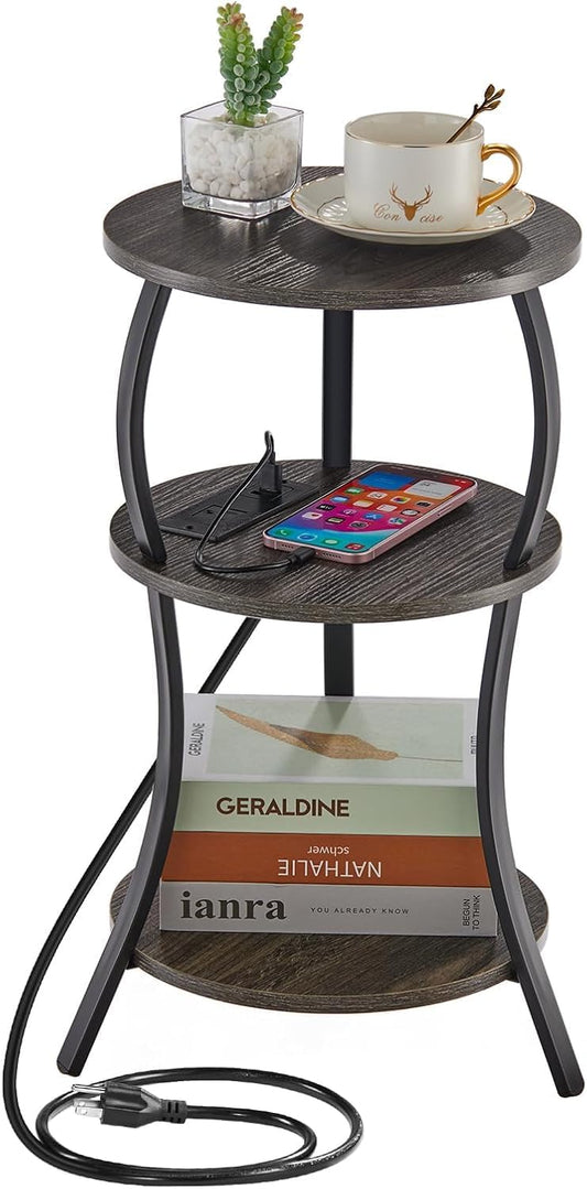 Small Round Side Table with Charging Station, 3-Tier Waist Circular End Table with Storage Shelf, Compact Tea Sofa Side Table Small Spaces, Round Corner Coffee Table for Living Room Bedroon,Grey