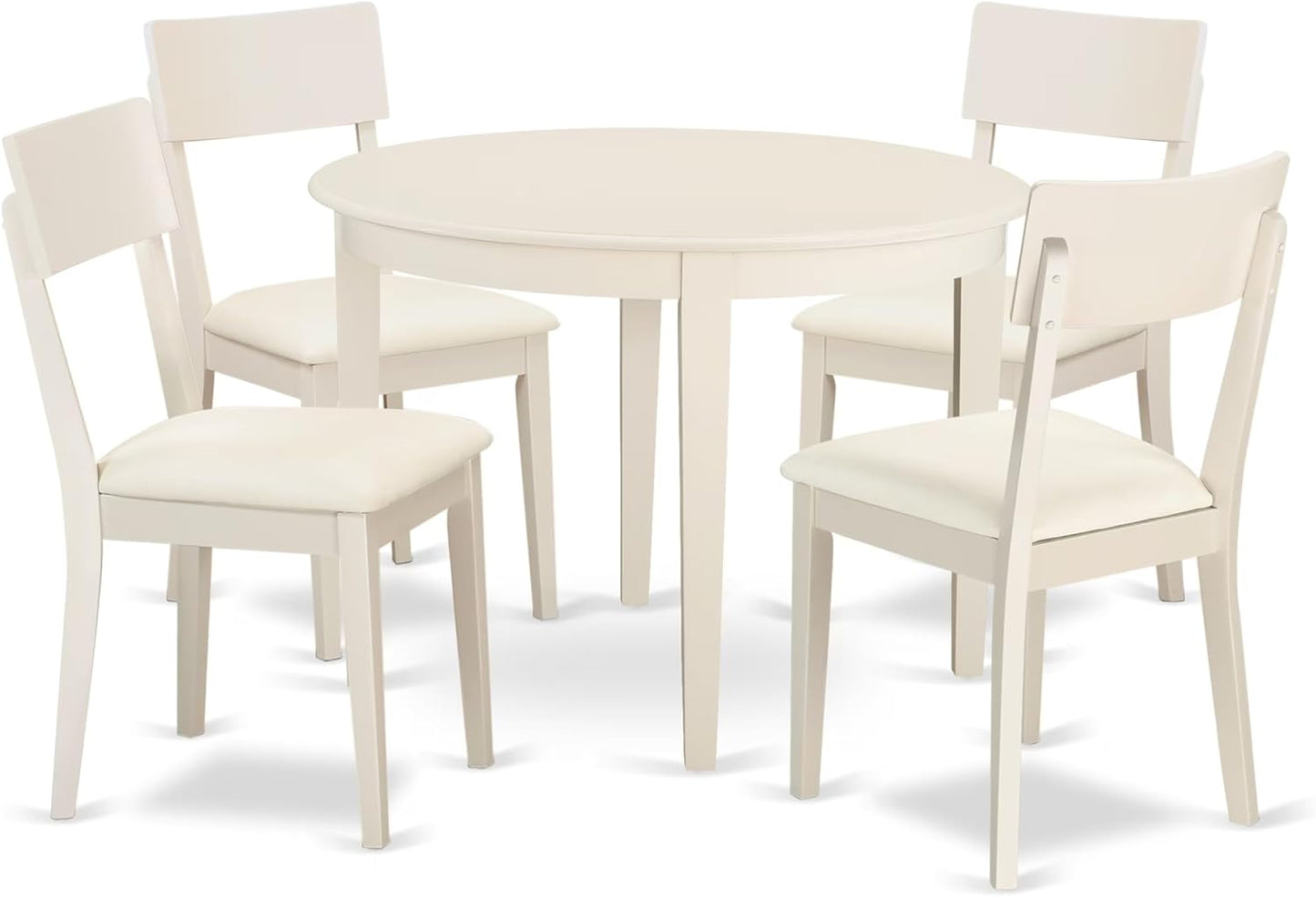 East West Furniture BOAD5-LWH-LC 5 Piece Dining Room Furniture Set Includes a Round Kitchen Table and 4 Faux Leather Upholstered Dining Chairs, 42x42 Inch, Linen White