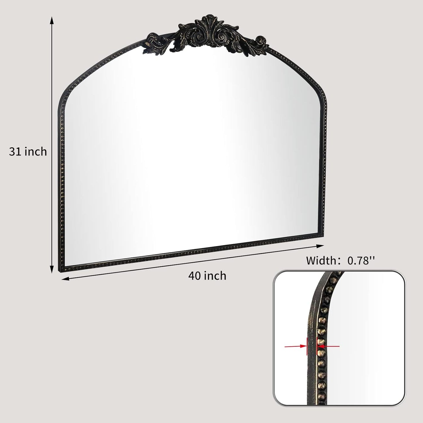 AIXI HOME Vintage Black Arched Mirror 40"X31", Antique Baroque Mantel Wall Mirror with Black Brush Gold Metal Ornate Frame for Entryway/Fireplace/Living Room/Hallway/Bathroom/Bedroom