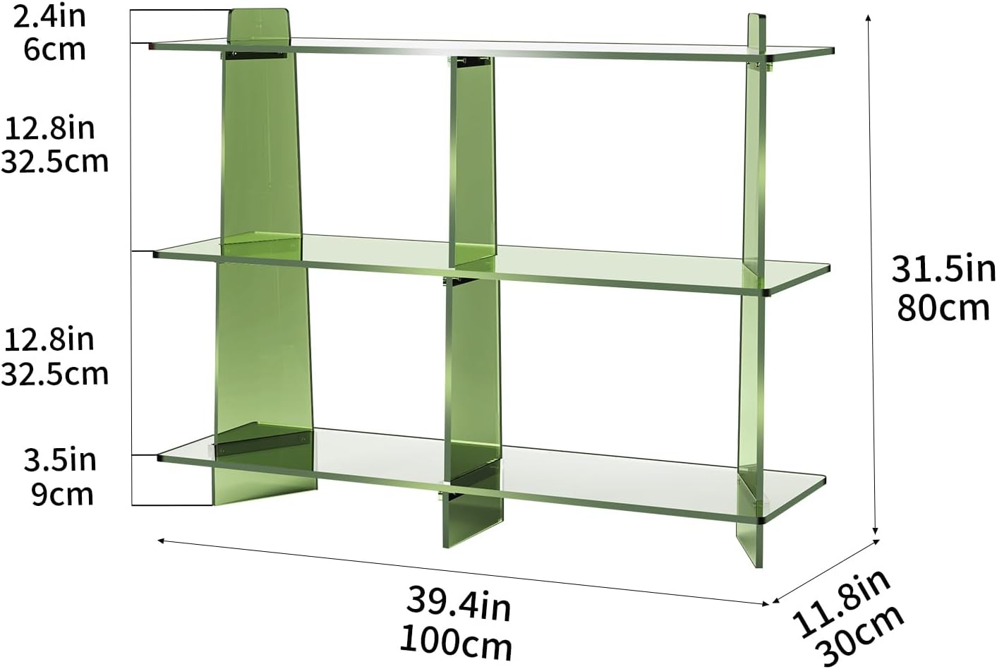 Acrylic Bookshelf, Small 3 Tier Open Bookcase for Small Spaces,Sofa Table, Hallway Entry Table for Home Living Room (Green, 39.4'' x 11.8'' x 31.5'')