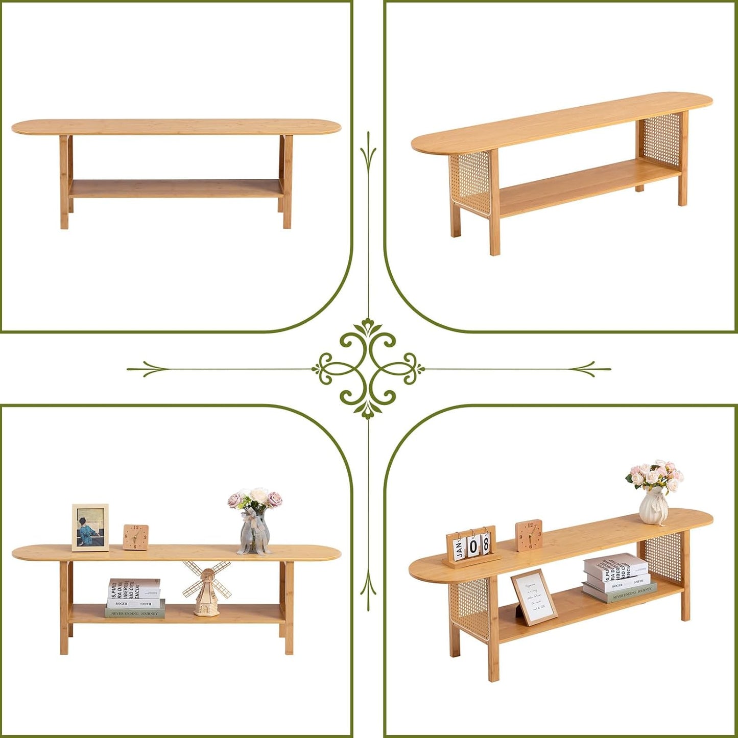 HollyHOME Bamboo TV Stand with Storage for TVs up to 65", Modern Entertainment Center with Rattan Side, Accent TV Table with 2 Shelf, Media Console TV Stand for Living Room, Bedroom, Burlywood