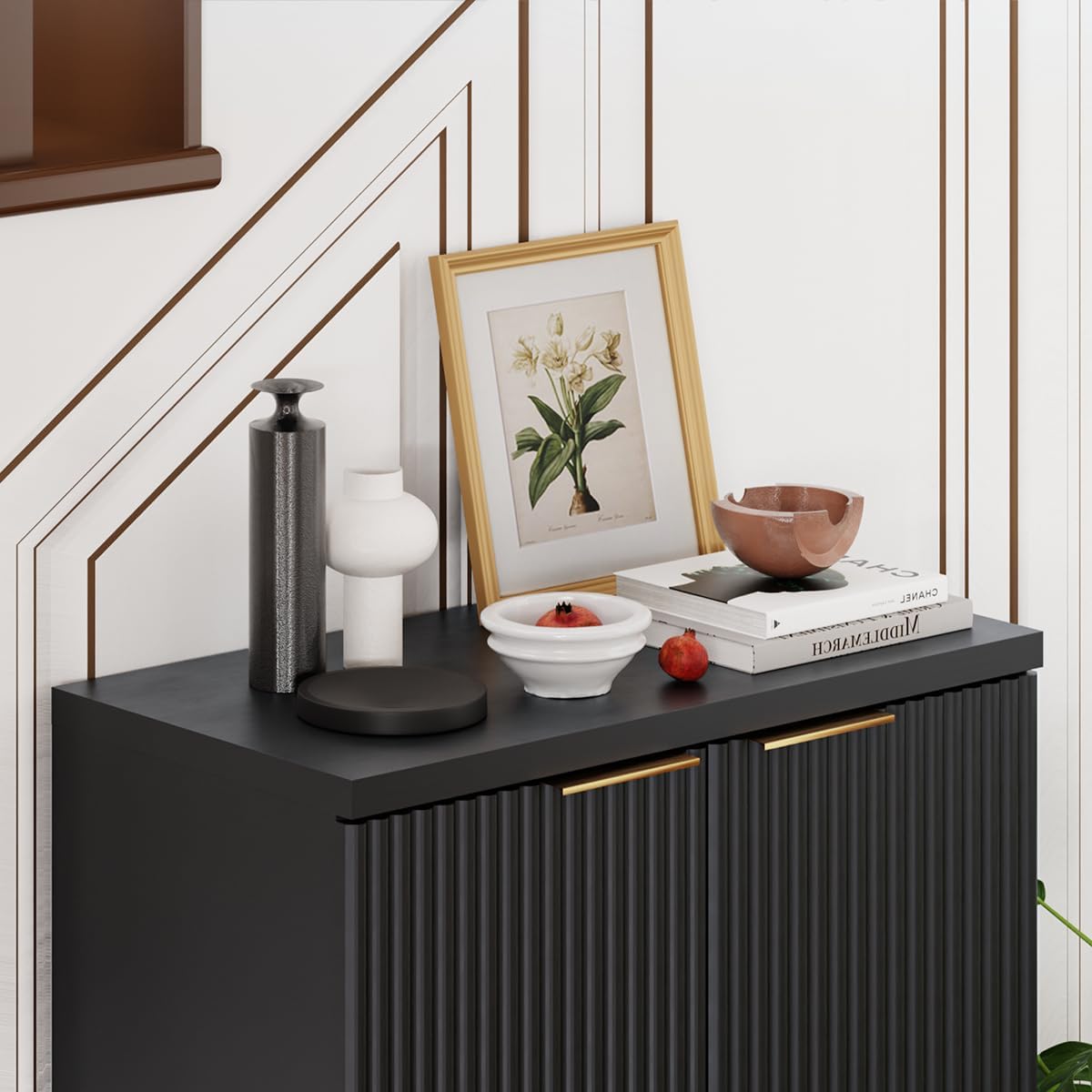 23.6" Sideboard Cabinet with 2 Doors, Modern Buffet Cabinet with Adjustable Shelf, Dining Room Sideboard, Fluted Buffet Sideboard for Living Room, Hallway, Entryway, Black