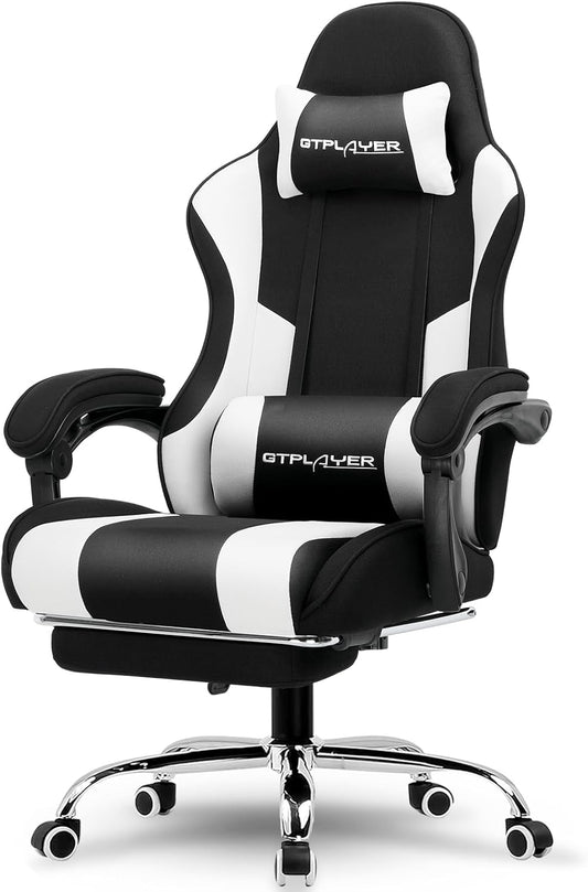 GTPLAYER Gaming Chair, Computer Chair with Footrest and Lumbar Support, Height Adjustable Game Chair with 360°-Swivel Seat and Headrest and for Office or Gaming (Fabric, Black & Light Gray)