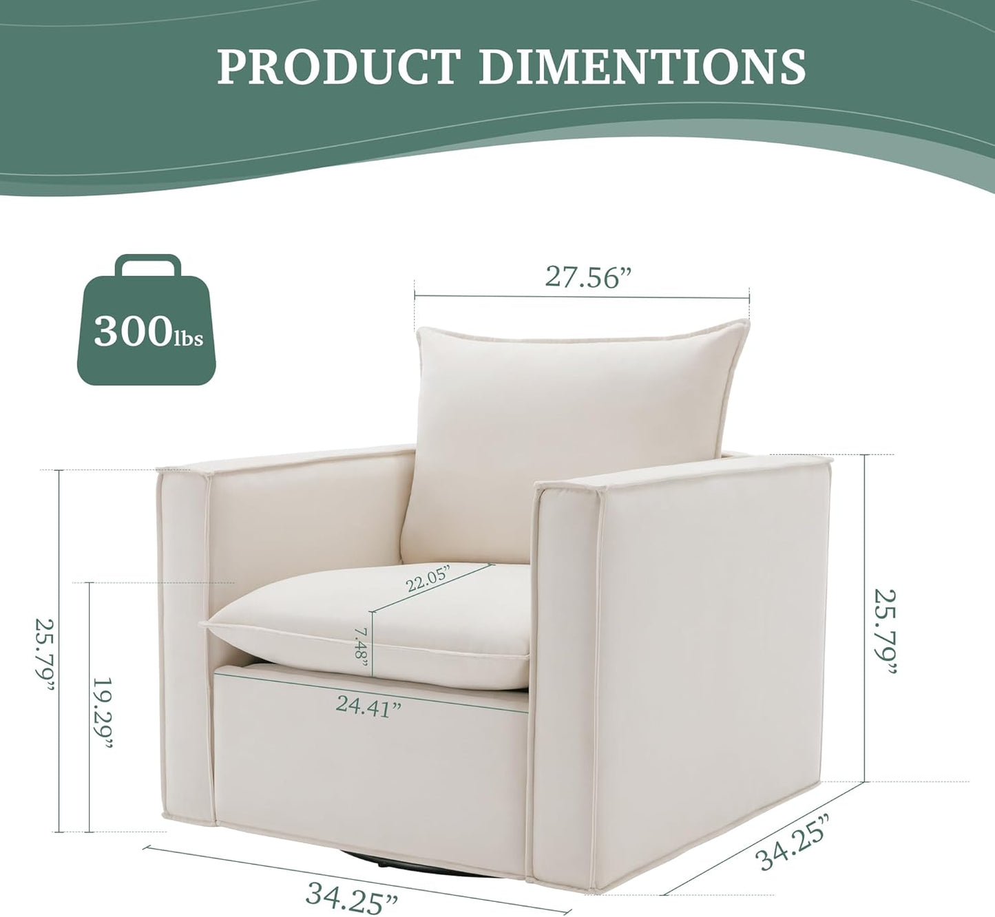 COLAMY Swivel Accent Chair, 34 Inches Wide Upholstered Arm Chair with Plump Back Pillow, Modern Sofa Living Room Chair for Bedroom, Corner, Reading Nook-Beige