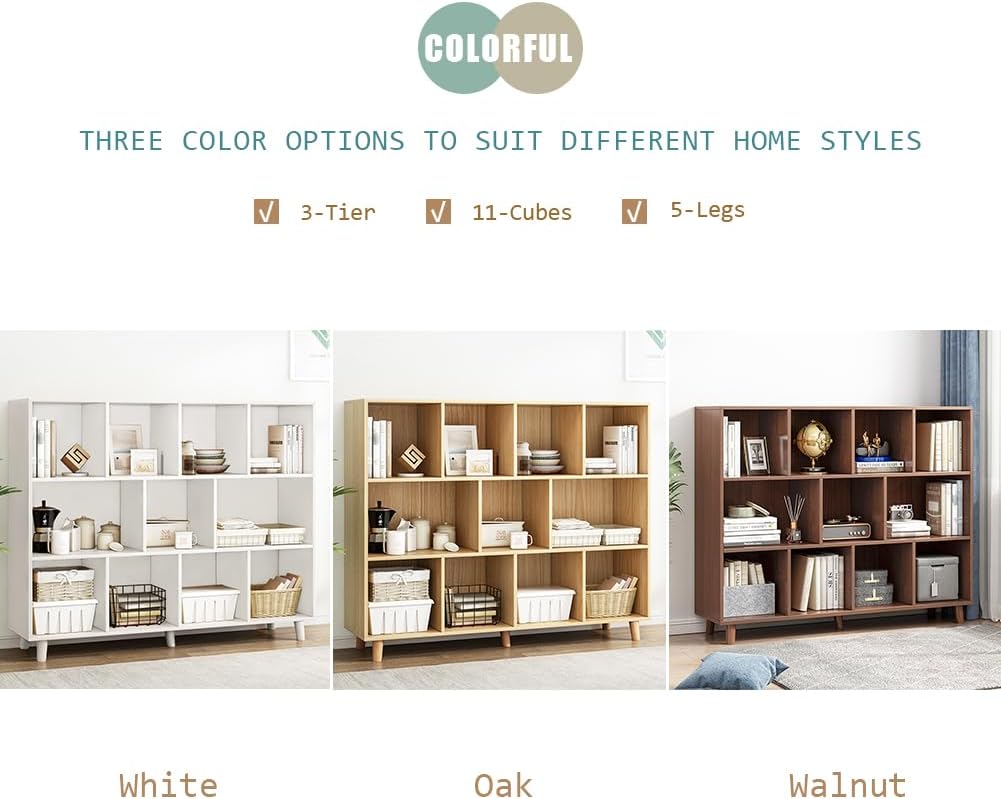 IOTXY Open Cube Low Bookcase - 3-Tier Freestanding Storage Display Cabinet Organizer with Legs for Home Office, 11-Cubes Open Shelf Short Bookshelf, Oak