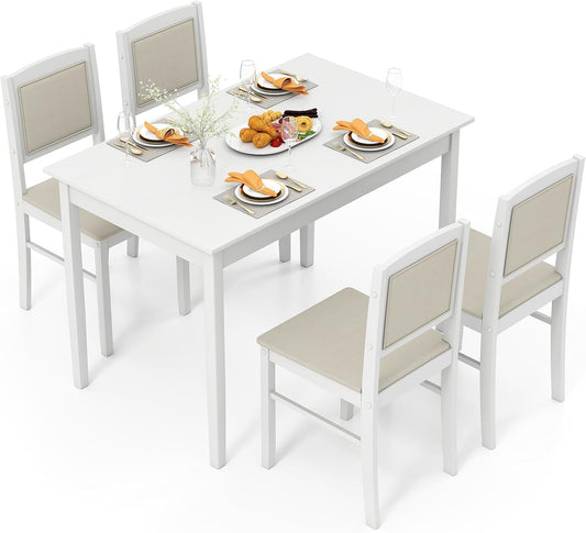 Giantex 5-Piece Dining Table Set for 4 - Breakfast Nook Table Set with Kitchen Table, 4 Upholstered Chairs, Wood Legs, Space-Saving Dinette Set, Kitchen Table Chairs Set of 4 (White+Beige)