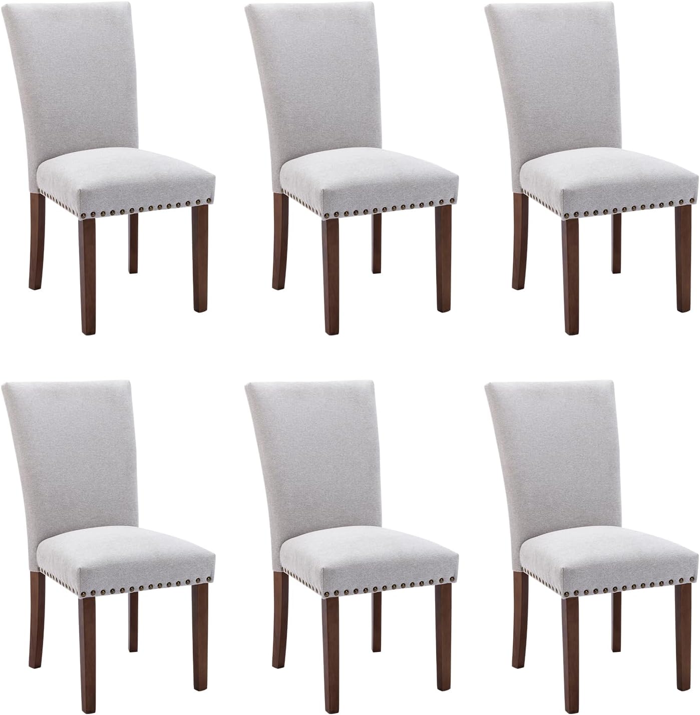 COLAMY Parsons Dining Chairs Set of 6, Upholstered Fabric Dining Room Kitchen Chair with Nailhead Trim and Wood Legs - Light Grey
