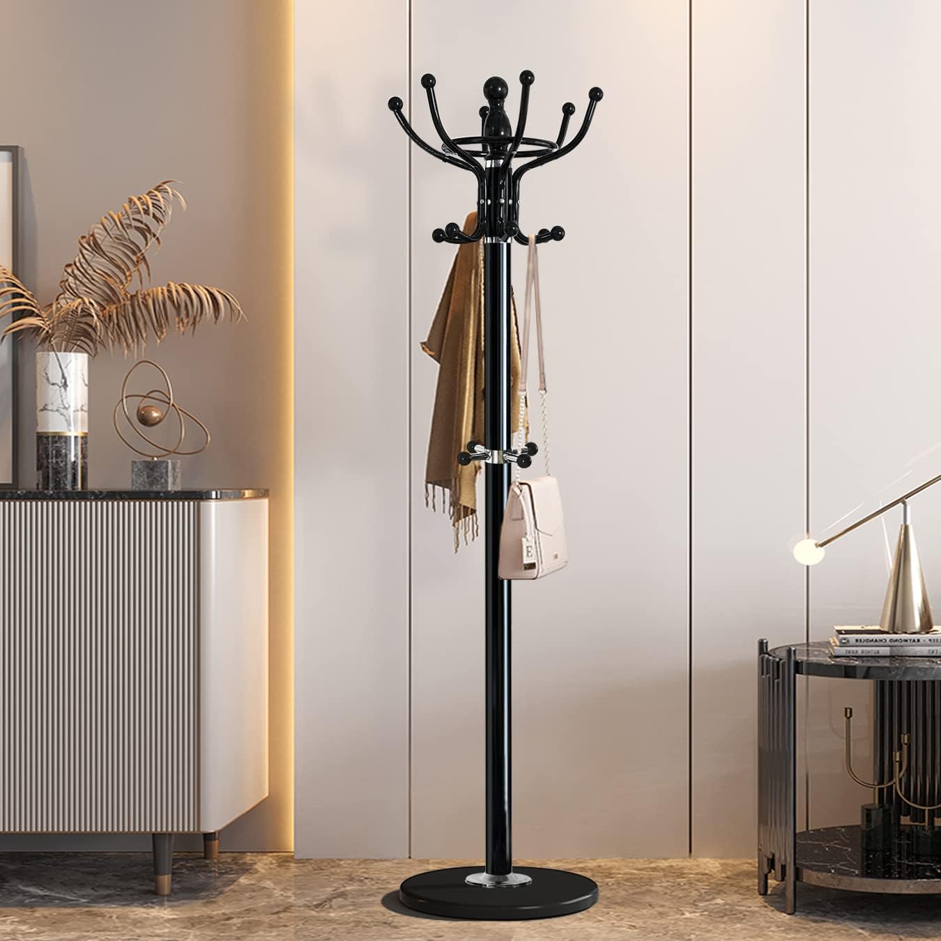 Kertnic Freestanding Coat Rack with 16 Hooks & Marble Base - Heavy Duty Metal Hall Tree Stand for Entryway, Hats, Coats, Bags Rack- Modern Hanger Organizer for Home, Office, Dorm (16 hooks -Black)