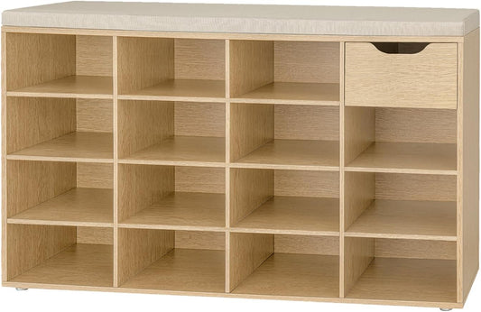 DINZI LVJ Shoe Bench, Entryway Storage Bench with Drawer and 15 Cubbies, Cubby Shoe Rack with Adjustable Shelves, Shoe Organizer Cabinet for Living Room, Bedroom, Mudroom, Closet and Garage, Natural
