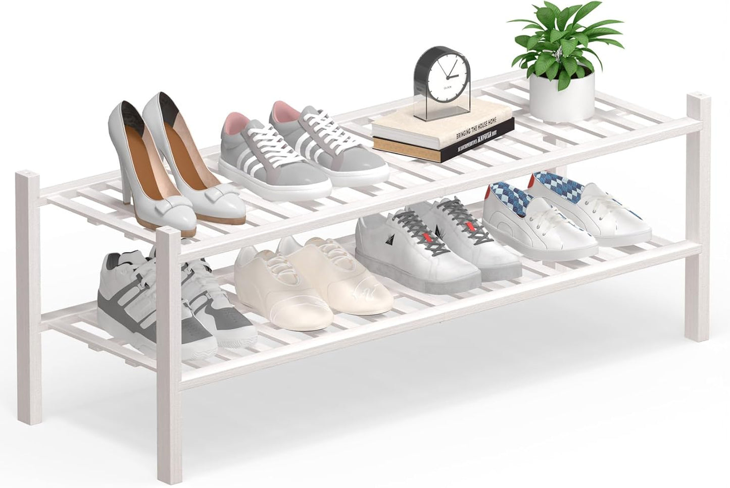 Haddockway Long 2 Tier Bamboo Shoe Rack Storage Organizer, Multifunctional Free Standing Stackable Shoe Shelf with Grid Panel for Closet,Hallway,Entryway,Small Space 34.2"x11"x13"(White, 2-Tier(Long))