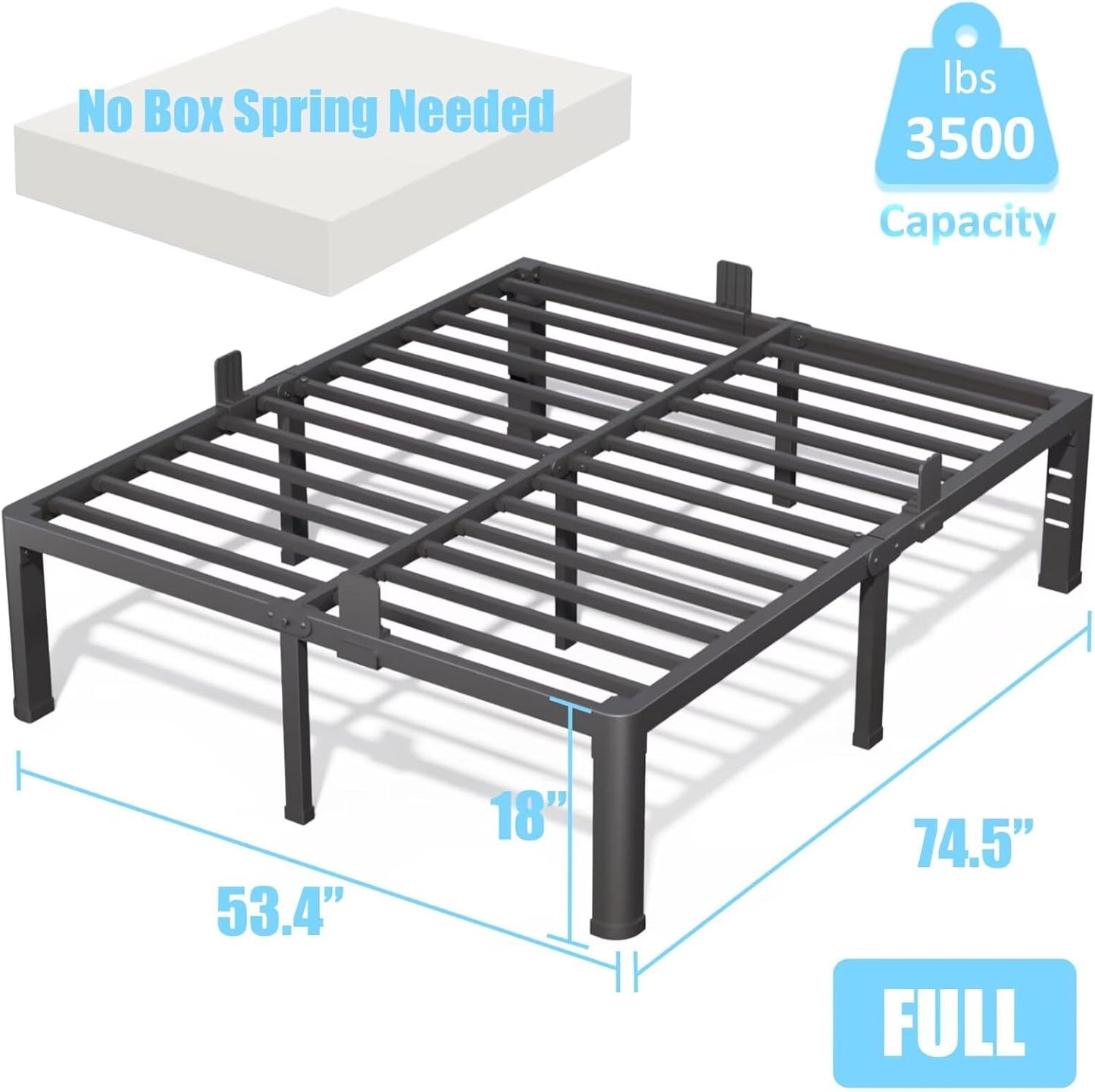 FUIOBYVV 18 Inch Full Bed Frame with Rounded Corner and Headboard Hole Mattress Retainers 3500 LBS Metal Heavy Duty Steel Slats Support No Box Spring Needed Platform Noise Free Easy Assembly