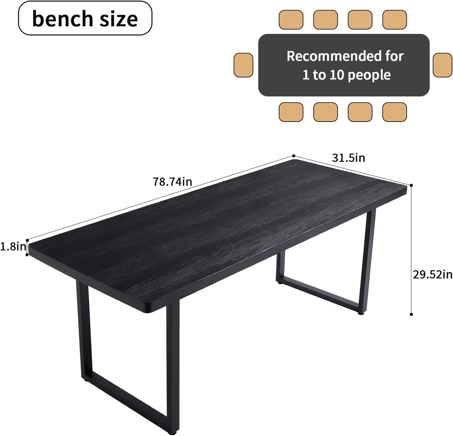 Modern Solid Wood Dining Table with Metal Base Stylish Durable Dining Room Table in Black Multiple Sizes Home Use Office Desk(78.74in)