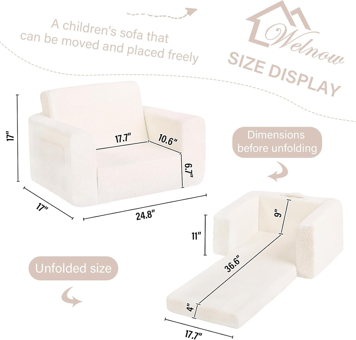 Welnow Toddler Chair, 2-in-1 Soft Sherpa Kids Sofa, Convertible Toddler Couch Lounger, Flip Out Kids Couch Chair with Side Pockets & Removable Cover for Girls and Boys, Beige