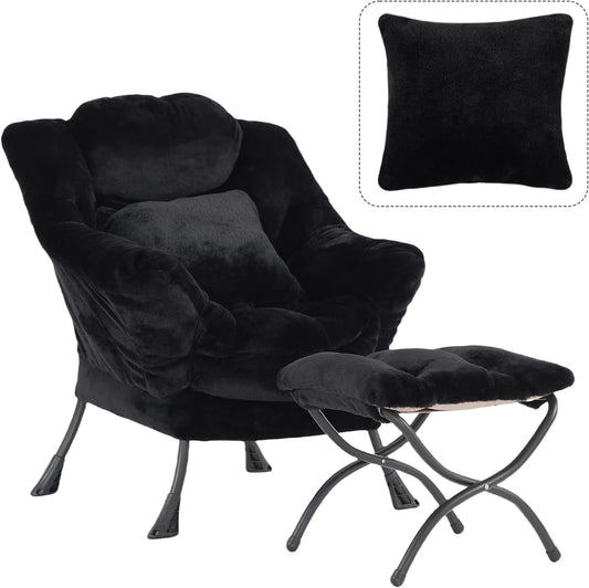 Lazy Chair with Ottoman, Reading Chair with a Pillow, Leisure Sofa Armchair with Ottoman, Large Accent Lounge Chair for Bedroom, Living Room, Dorm Room, Plush Black