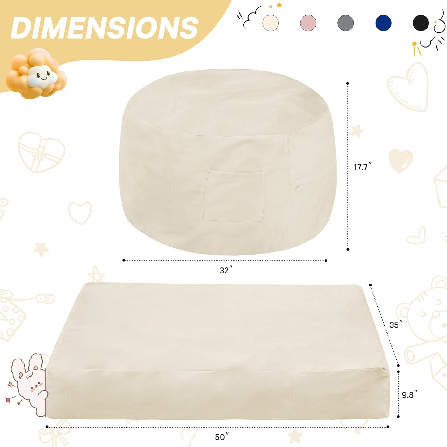 Kids Bean Bag Chair Bed - Convertible Lazy Chair to Floor Mattress with Filler - Small Beanbag Chair for Boys and Girls - Floor Couch Sofa in Bedroom, Classroom, Reading Nook - Beige