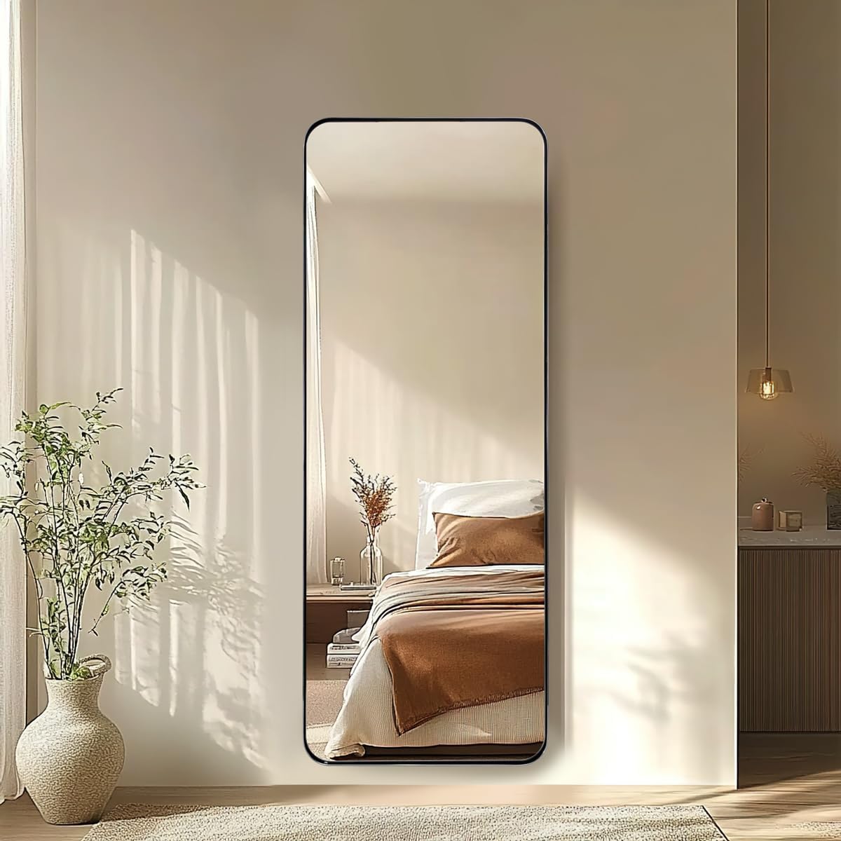 ANDY STAR 18" x 48" Full Length Wall Mirror, Large Polished Chrome Mirror for Bathroom, Rounded Corner Rectangle Body for Floor and Leaning